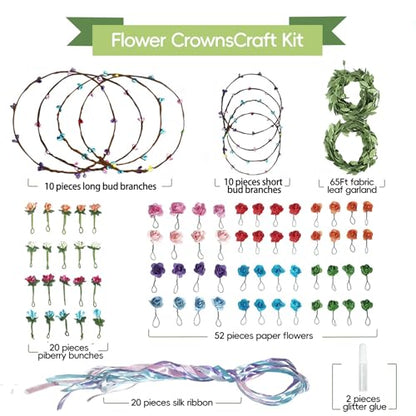EggSun Flower Crown Making Kit for Girls Kids Gift Tea Party Spring Craft Bracelet DIY Fairy Flower Crown Kit Kids Birthday Party Floral Hair Arts Crafts Spring Easter Gift for Girls 5 6 7 12 Year Old