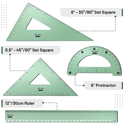 Mr. Pen- Metal Geometry Kit, 4 Pack, 45° & 30°/60° Set Squares - color: Light Green