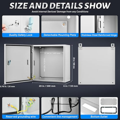 Steel Electrical Junction Box, 20 x 20 x 6 inch Waterproof & Dustproof Electrical Enclosure, Outdoor & Indoor Universal Project Box with Lock & Mounting Plate - size: 20 x 20 x 6"