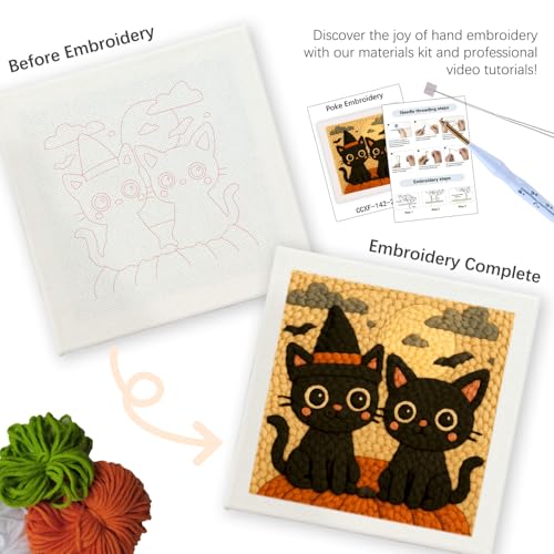 SDOYUNO Punch Needle Kit with Frame for Adults Beginners Kits 9.84 x 9.84 Inch Embroidery Starter Kits Punch Needle Kit with Cat Pattern, Threader, Yarns, Rug Punch, DIY Craft Kits (Beige) - color: beige