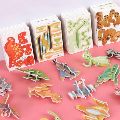 CCINEE 100 Pcs Educational 3D Cartoon Puzzle Toys for Kids,3D Animal Dinosaur Airplane Insect Learning Educational Montessori Toys Paper Puzzle Game for DIY Crafts Birthday Gifts