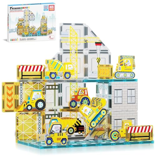 PicassoTiles Magnet Tiles Magnetic Building Blocks with 8 Construction Vehicles Crank Truck Excavator Bulldozer Road Roller Concrete Mixer Tractor Dump Truck Forklift Toys Learning Kids Ages 3+ PTQ11 - color: Vehicles Crank Truck