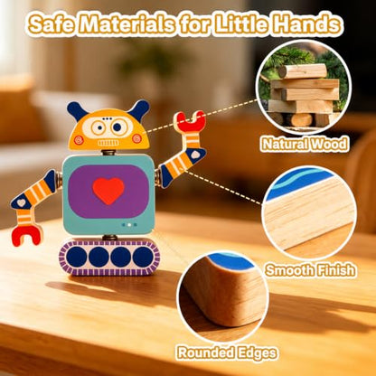 Wooden Robot Building Toy, 33-Piece Snap-Together Set, Ages 3-6