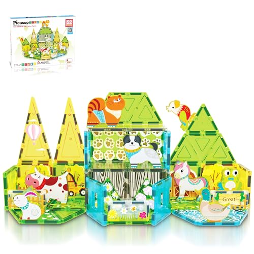 PicassoTiles Magnetic Tile Farm Animal Building Playset with 8 Character Figures STEM Construction Toy for Kids Age 3 Plus Educational Pretend Play Learning Blocks Farmyard Creative Activity Kit PTQ17 - color: Farm Animal Set With 8 Action Figures