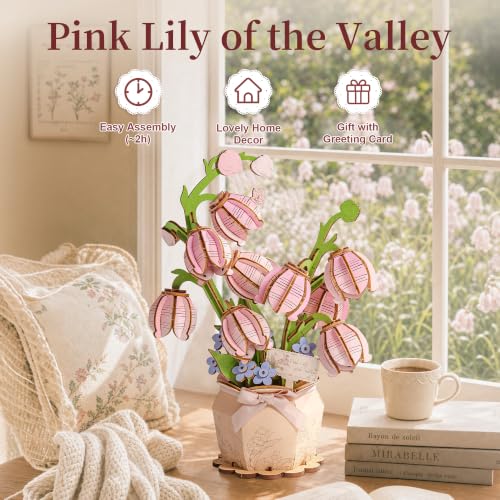 rowood 3D Puzzle Wooden Flower Craft Kit for Adults-Pink Lily of the Valley - style: Pink Lily of the Valley
