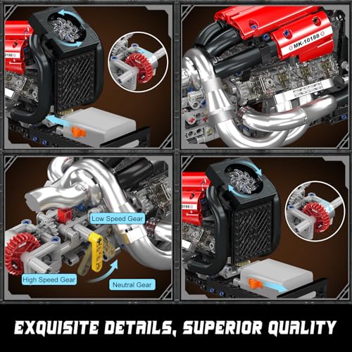 Mould King Racing Car Engine Model Kit, 980+Pcs Motorized Mini Engine Kits That Runs, Build Your Own Model Engine with Gearshift & Battery, Building Blocks for Adults, DIY Construction Engineering Toy - style: 10188 Racing Engine