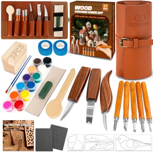 Wood Carving Kit, 37pcs Wood Carving Tools with 12 Color Paint, Wood Whittling Kit with 4pcs Templates & Users Guide for Beginners37Pcs Wood Carving Kit with Storage Bag