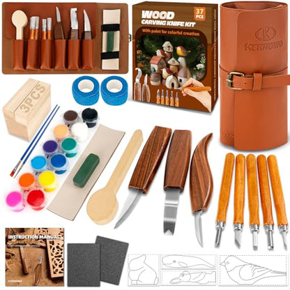 Wood Carving Kit, 37pcs Wood Carving Tools with 12 Color Paint, Wood Whittling Kit with 4pcs Templates & Users Guide for Beginners37Pcs Wood Carving Kit with Storage Bag
