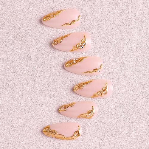 Almond Press on Nails Short Nude Fake Nail Golden Embossed Acrylic Nail Press ons Water Drop Stick on Nail for Women 24pcs - color: Color23