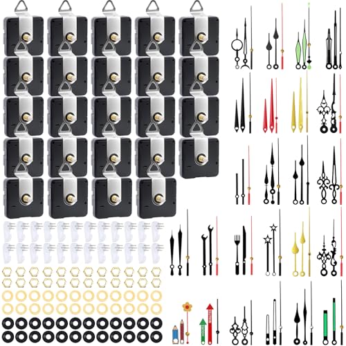 24 Pack Quartz Clock Movement Mechanism Kit, Silent Sweep Non-Ticking, 20mm Total Shaft (11mm Thread) Fits 3–6mm Dials, 24 Hand Styles, Hanging Hooks & Traceless Nails, DIY Wall Clock Repair - color: 24-pack