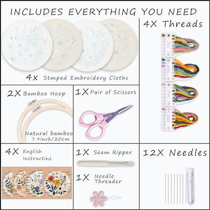 Bonroy Embroidery Kit for Beginners with Instructions,Cross Stitch Kits for Adults with Pattern,Needlepoint Kits for Adult Include Embroidery Cloth Hoops Needles Threads (flowers2) - color: flowers2