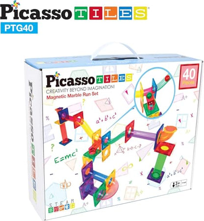 PicassoTiles Magnetic Tiles Marble Run Building Blocks Rainbow Color with Slide Drop Funnels Tubes STEM Educational Toy Set Compatible Durable Construction Kit for Kids Age 3+ Preschool Learning PTG40 - style: Marble Run 40pcs