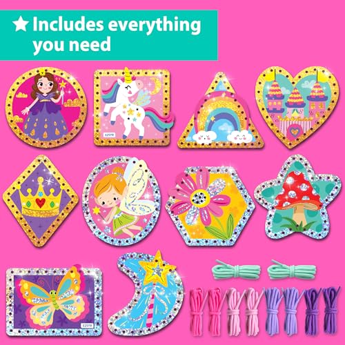 KRAFUN Princess Unicorn Holographic Lacing Cards Age 3+ | 10 Projects - color: Girly