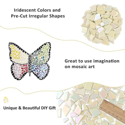 Youway Style 200g Iridescent Cream Glass Mosaic Tiles for Crafs Bulk - color: yellow green tint, size: 200g
