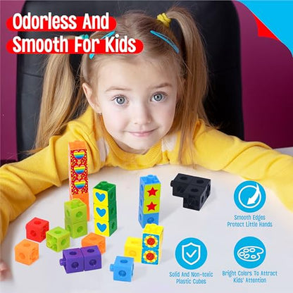 100 Math Linking Cubes, Math Cubes with 320 Reusable Stickers Manipulative Geometric Shapes Connecting and Counting Snap Blocks for Early Math & Construction, Educational Toy for Preschool, Homeschool - style: 100-Cubes+320 Stickers