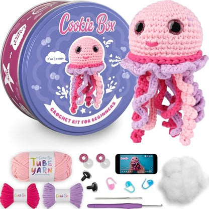 Cookie Box Crochet Kit for Beginners, Jellyfish Jenny - color: Pink and Purple