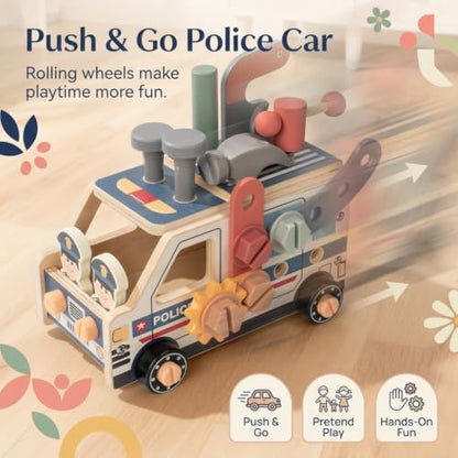 Kids Tool Set, 44 PCS Wooden Toddler Tool Box Workbench Kit with Hammer, Police Car Montessori STEM Educational Construction Building Pretend Play Toy, Birthday Gift for Ages 3-6 Year Old Boys Girls