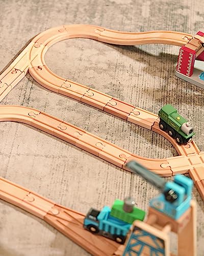 SainSmart Jr. Wooden Train Track 52 PCS, Track Expansion Compatible with All Major Brands Toddler Railway Toy Train Set Boys Train Set 3+