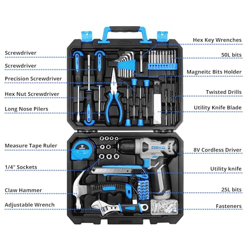DEKOPRO Drill Set: Tool Set with 8V Blue Cordless Drill, Home Tool Kit with Drill, Hand Tool Kits for Women 126 Piece - color: Blue