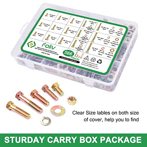 FOLIV 566Pcs Heavy Duty Bolts and Nuts Assortment Kit, Grade 8 Hex Screws Bolts Nuts Kit, 1/4-20 5/16-18 3/8-16, 15 Common Sizes Included - size: 566PCS 1/4-20 5/16-18 3/8-16