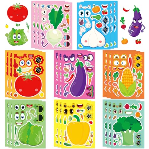 24 Sheets Vegetables Make a Face Sticker, Make Your Own Vegetables Stickers Mix and Match Sticker for Home School Classroom Crafts Activities Reward Birthday Party Favors - style: Vegetables