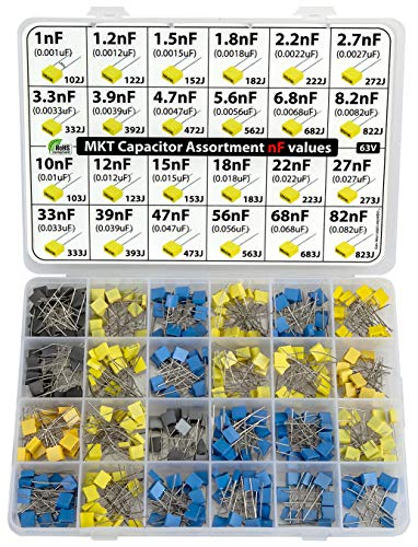 nF Values - MKT Polyester Box Capacitor Kit Assortment 350 pcs 24 Values 63V, All nF Values, 1nF, 1.2nF, 2.2nF, 2.7nF, 3.3nF, 4.7nF 10nF, 12nF, 15nF, 18nF, 27nF, 33nF, 39nF, 47nF, 56nF, 68nF, 82nF
