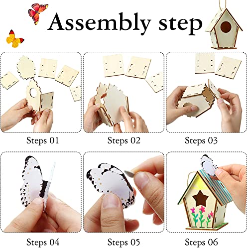 Outus 24 Pcs Wooden Birdhouse Kits for Kids, 4 Shapes Unfinished, Vintage - style: Vintage