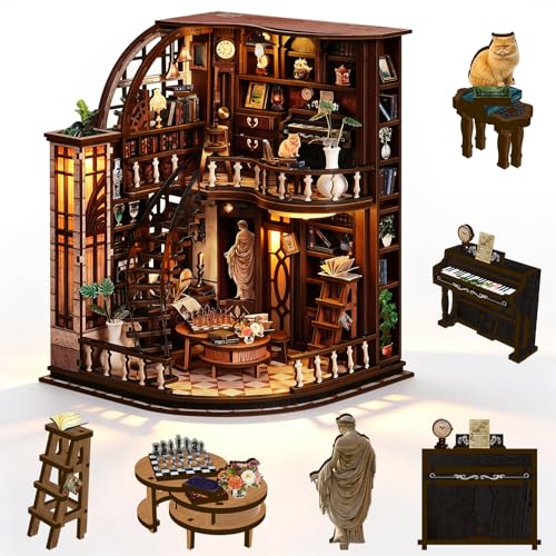 DIY Miniature House Kit, 3D Wooden Puzzle for Adults, Book Nook Kit with Touch LED Light, Library Bookshelf Insert, Creative Hobby Craft Gift for Bibliophiles (Bacchus Bookstore) - style: Bacchus Bookstore
