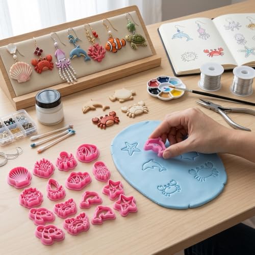 18Pcs Ocean Life Polymer Clay Cutters Set Sea Creatures Mini Clay Earring Cutters Summer Marine Animals Turtle Dolphin Jellyfish Seashell Polymer Jewelry Cutter for Earrings Crafts DIY Tool Supplies