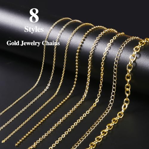 Ecoofor Gold Necklace Chains for Jewelry Making, 62.3 Feet 8 Rolls Jewelry Chains for DIY Necklace Bracelet Jewelry Making with Jump Rings/Lobster Clasps/Connectors - color: Gold, size: 8 Rolls