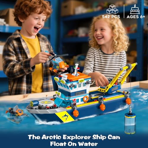 HiWEEGO City Floatable Boat Building Set with LED Light - Ocean Arctic Explorer Ship Building Block Kit with Helicopter, Sub Exploration Toy Adventure Set Birthday Gift for Kids Boys Girls 6 7 8 9 10+