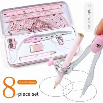 8Pcs Geometry Drawing Kit Multifunctional Easy to Use Math Tools with Compass, Protractor and Rulers in Metal Storage Box(Pink) - color: Pink
