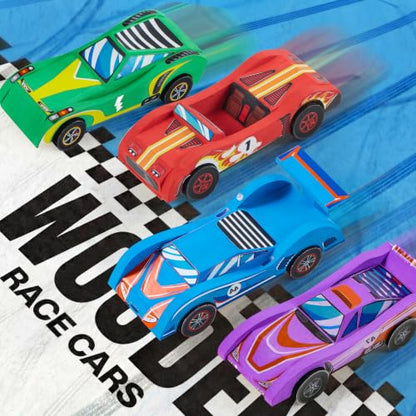 Klever Kits 4 DIY Wooden Race Cars-Build & Paint Your Own Wood Craft Kit, 4 Race Cars Toy, Easy to Assemble Arts Crafts Kit, Birthday Party Presents for Kids Boys and Girls