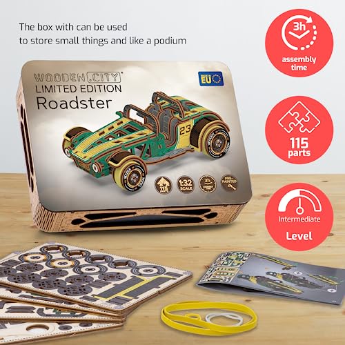 WOODEN.CITY Roadster LE 3D Wooden Puzzles for Adults – Build Your Own Roadster car with Rubber‑Band Motor – Self‑Assembly Model, DIY Gift for Adults and Teens - style: Roadster