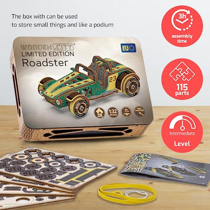 WOODEN.CITY Roadster LE 3D Wooden Puzzles for Adults – Build Your Own Roadster car with Rubber‑Band Motor – Self‑Assembly Model, DIY Gift for Adults and Teens - style: Roadster