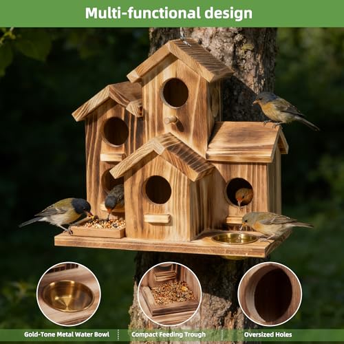 MIXXIDEA Bird House 5 Hole Bird Houses for Outside with Thickened Wooden Board，Birdhouse for Blue Bird Humming Bird and Chickadee Swallow. Hanging Edible Wild Bird Nest Garden Decorative