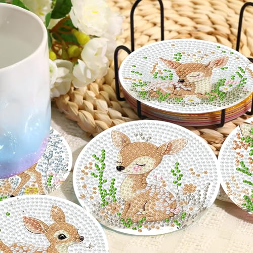 8 Pcs Deer Animals Diamond Art Coasters with Holder Cork Pads - color: Deer Diamond Art Coasters