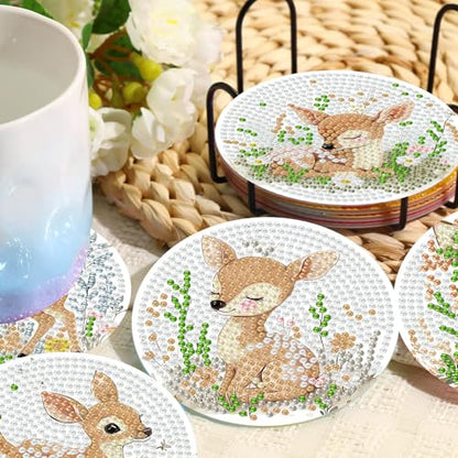 8 Pcs Deer Animals Diamond Art Coasters with Holder Cork Pads - color: Deer Diamond Art Coasters