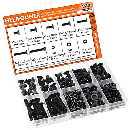 HELIFOUNER 240 Pieces M5 x 6mm /8mm /10mm /12mm /16mm /20mm /25mm, Countersunk Head Socket Cap Screws Bolts Washers Nuts Kit, 10.9 Grade Alloy Steel, Full Threaded, Black - size: M5, style: Countersunk Head