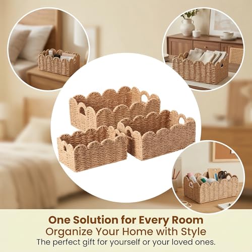 Scalloped Wicker Baskets Set of 3, Hand-Woven Storage with Handles - color: Tan