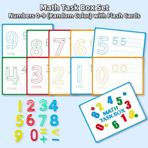 Math Task Boxes Set of 5 Math Manipulatives Themes 230+ Pieces of Number Rods, Base Ten Blocks, Ten Frame Disc Counters, Place Value Blocks, 0-9 Numbers, 3D Shapes, Activity Cards (Numbers) - color: Numbers
