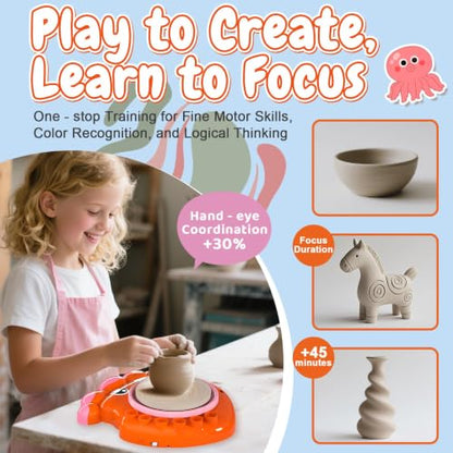 Innofans Pottery Wheel for Kids - Complete Pottery Tools Kit for Beginners, Arts and Crafts for Kids Ages 8-12 with 3 Pack Air Dry Clay, Mini Clay Making Pottery Wheel with Foot Pedal (Octopus) - color: Pink
