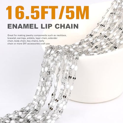 16.5FT Stainless Steel Enamel Chain 2MM Enamel Lip Chain for Jewelry Making - color: Stainless Steel(white)