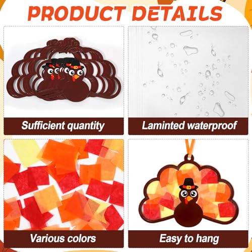 Qyeahkj 36 Set Thanksgiving Turkey Suncatchers Crafts for DIY Fall Window Tissue Paper Craft Kit Autumn Hanging Decor for Harvest Home Activity Art Project Birthday Party Favor Gift - style: Thanksgiving Turkey