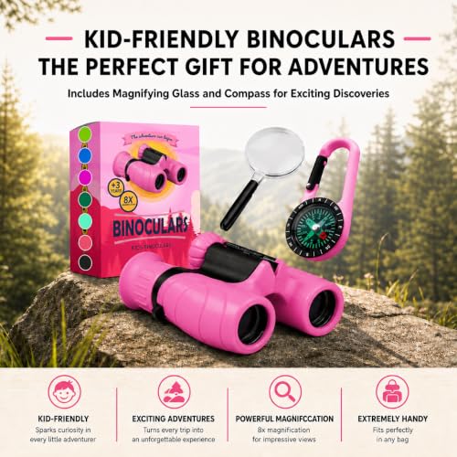 Binoculars for Kids – Perfect Toy for Little Boys and Girls – Extensive Set Incl. Magnifying Glass & Compass – Powerful Magnification 8X21 – 3 to 12 Year Old Kids for Toddler - color: Pink