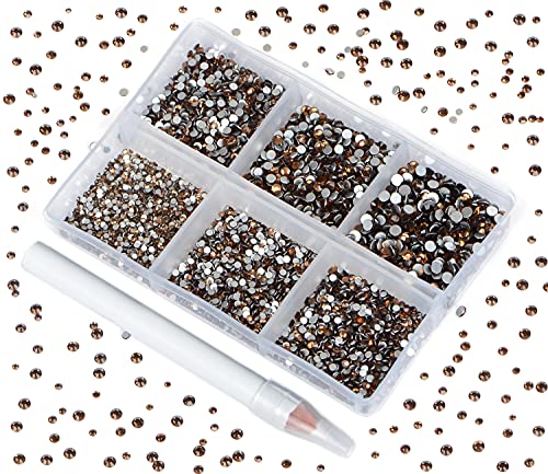 Bymitel 7200 Pieces 6 Mixed Sizes Glue Fix on Glass Rhinestones Round Crystal Gems Flatback for DIY Jewelry Making with one Picking Pen(6-Sizes 7200PCS, Smoked Topaz) - color: Smoked Topaz, size: 6-SIZES 7200PCS