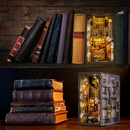 Wimlade DIY Book Nook Kit, Miniature Book Nook kit, Wooden 3D Puzzle Bookend Bookshelf Insert Decor, Halloween/Christmas Decorations/Gifts for Adults and Teens