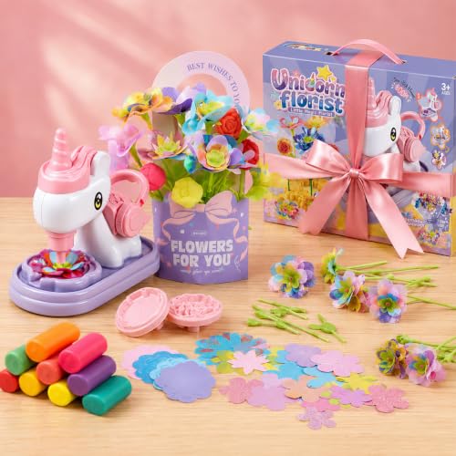 TUZT Fabric Flower Bouquets Toys, Flower Making Kit for Kids with Unicorn Machine & Clay, Reusable DIY Bouquets Maker Craft for Toddler Kids 3 4 5 6 7 8 Year Old