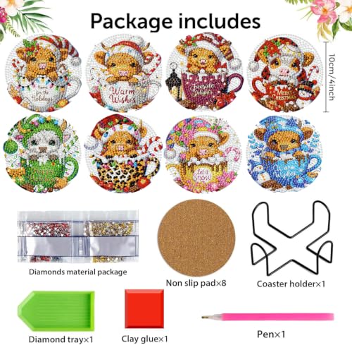 Christmas Cow Diamond Art Coasters Kit, 8 Pieces Diamond Painting Coasters - color: Christmas Cow