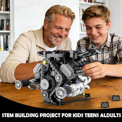 V8 Engine Model Kit that Works with LED Light & APP Control, 8-Cylinder Visible Engine Building Blocks Set, Build Your Own STEM Engineering Kit that Runs, Collection Set for Adults & Kids (715 PCS) - color: Black